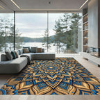 Golden Blue Floral Mandala Medallion Rug