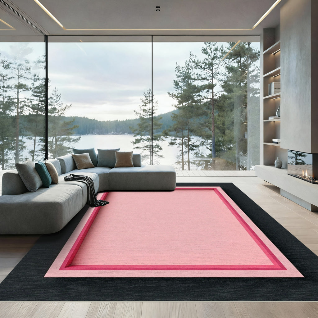 Soft Pink Layered Geometric Frame Rug