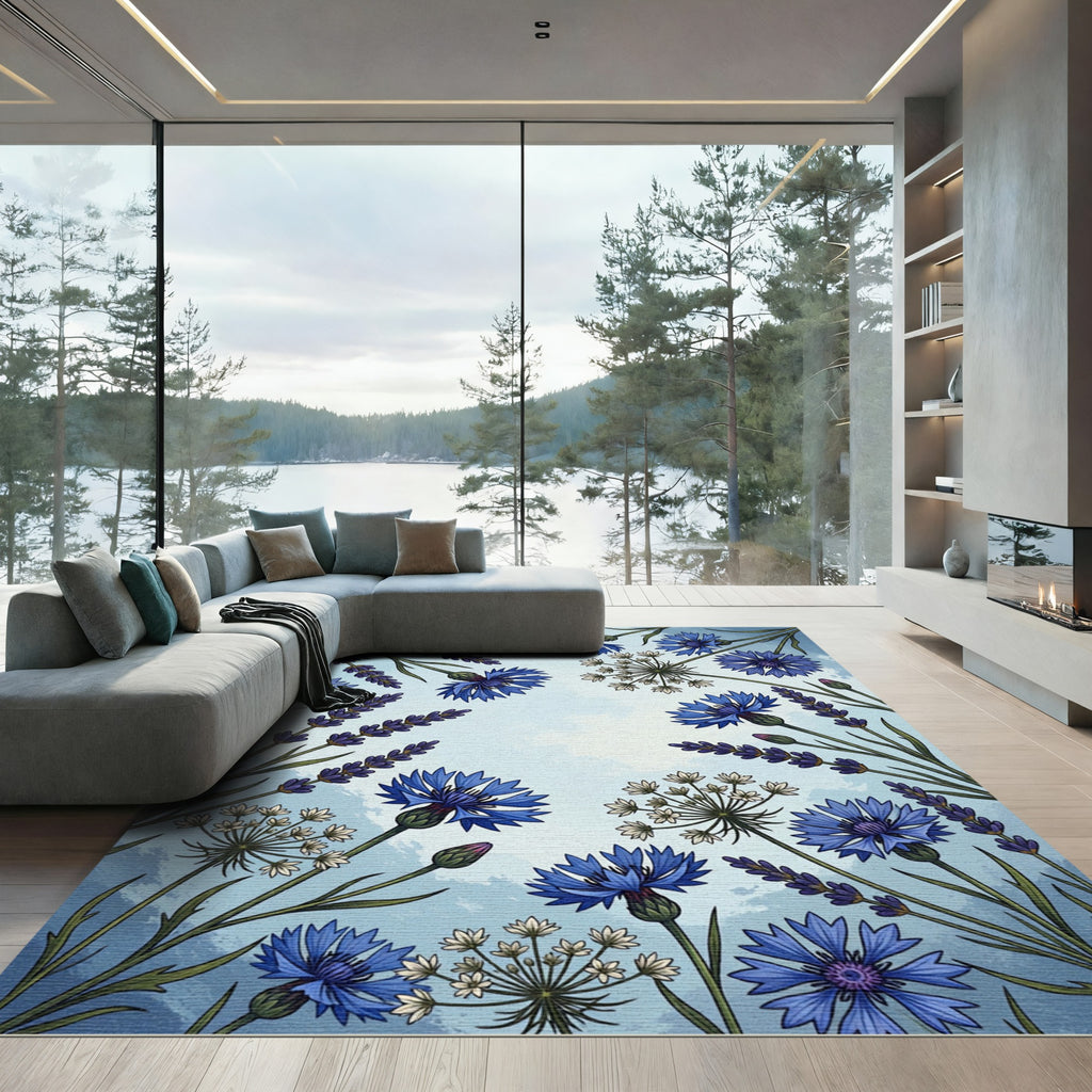 Botanical Blue Cornflower And Lavender Meadow Rug
