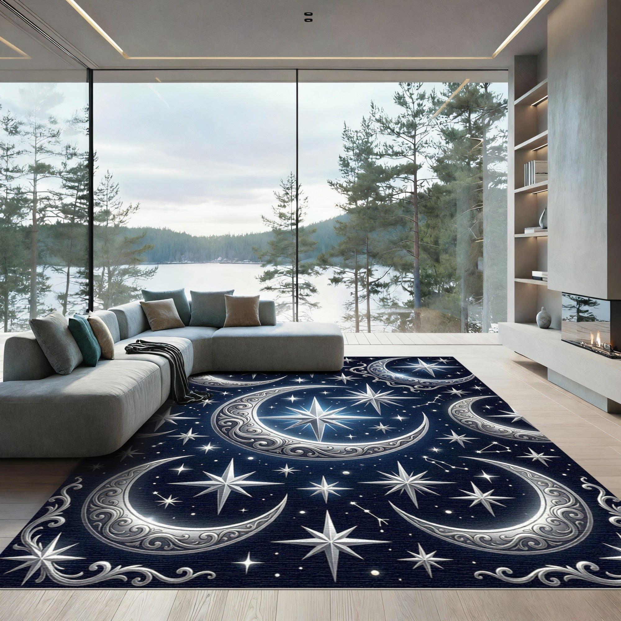 Celestial Silver Crescent Moon Starry Night Rug