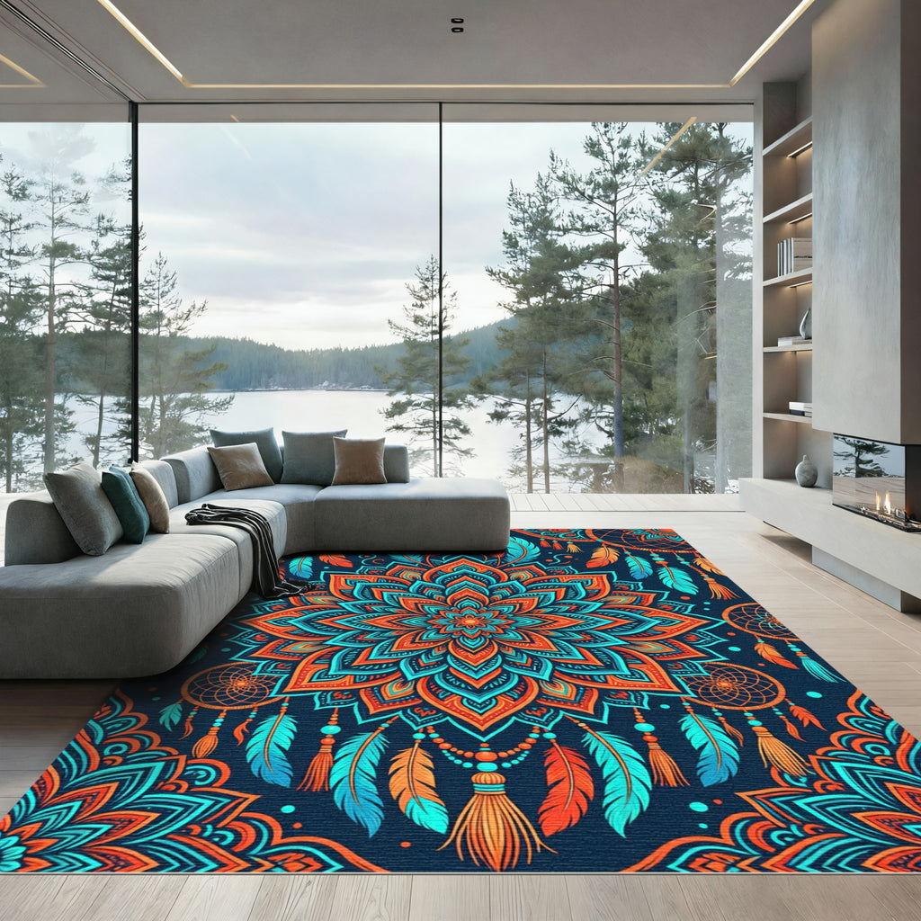 Vibrant Orange Teal Feather Mandala Rug
