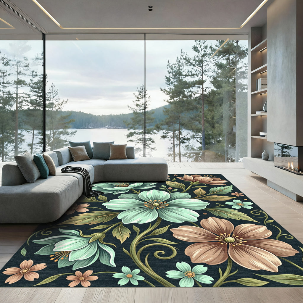 Ethereal Mint and Copper Floral Illustration Rug