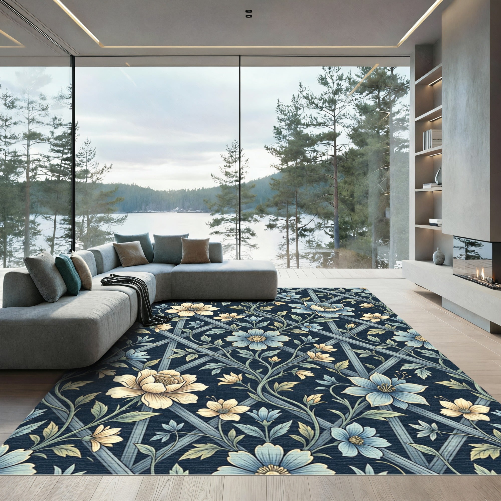 Elegant Blue Floral Lattice Trellis Rug
