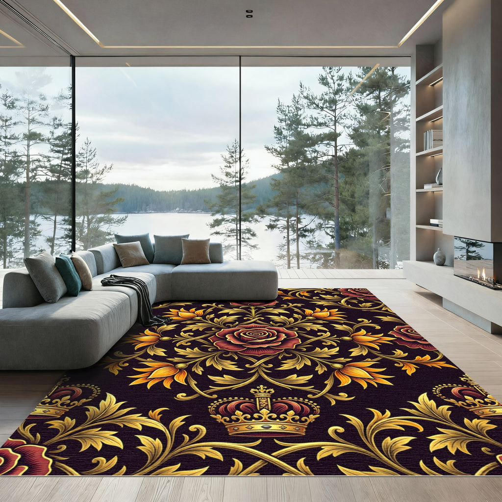 Regal Red Rose Golden Crown Ornament Rug