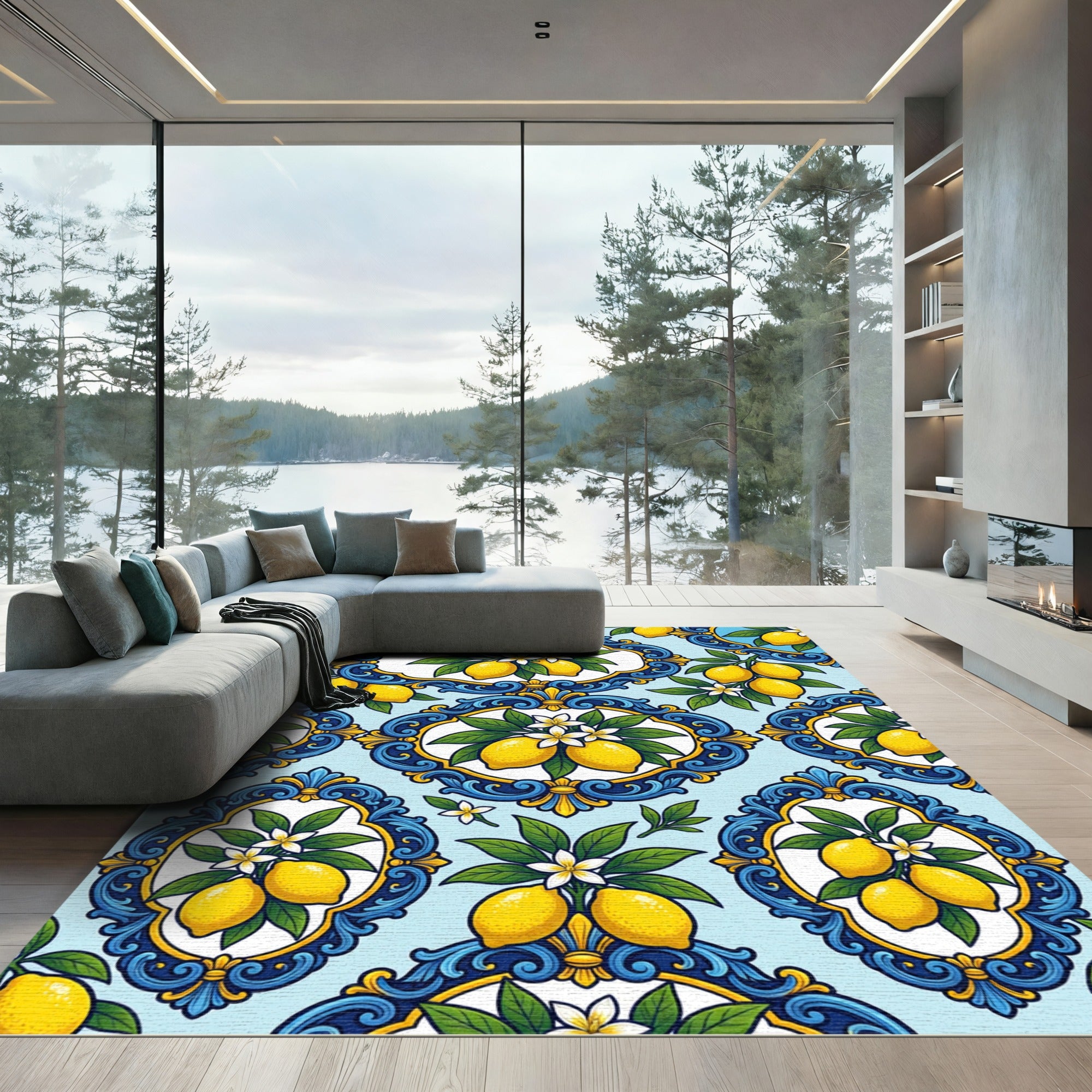 Blue Yellow Lemon Floral Medallion Rug