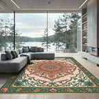 Ornate Coral Green Floral Medallion Rug