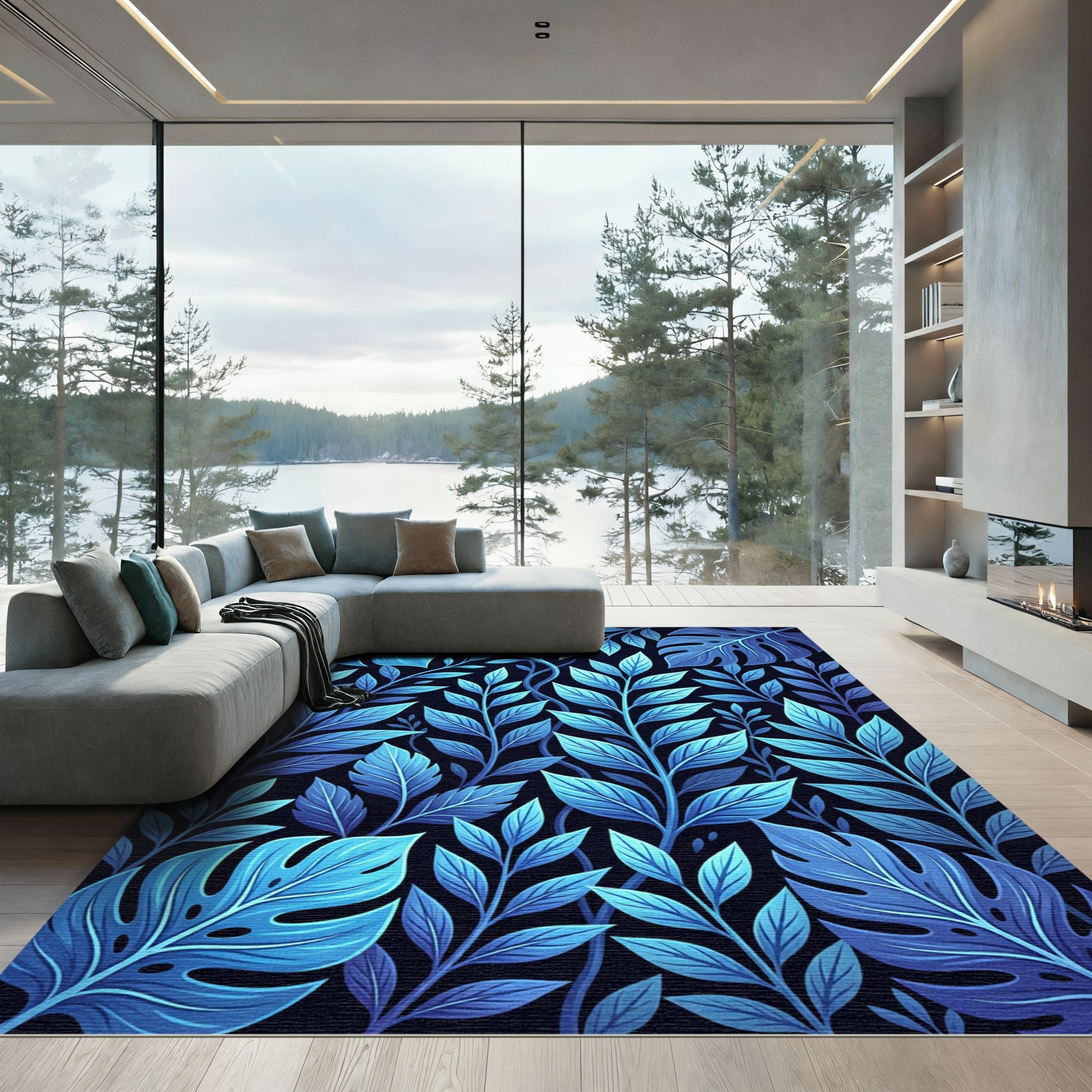 Vibrant Blue Tropical Foliage Rug