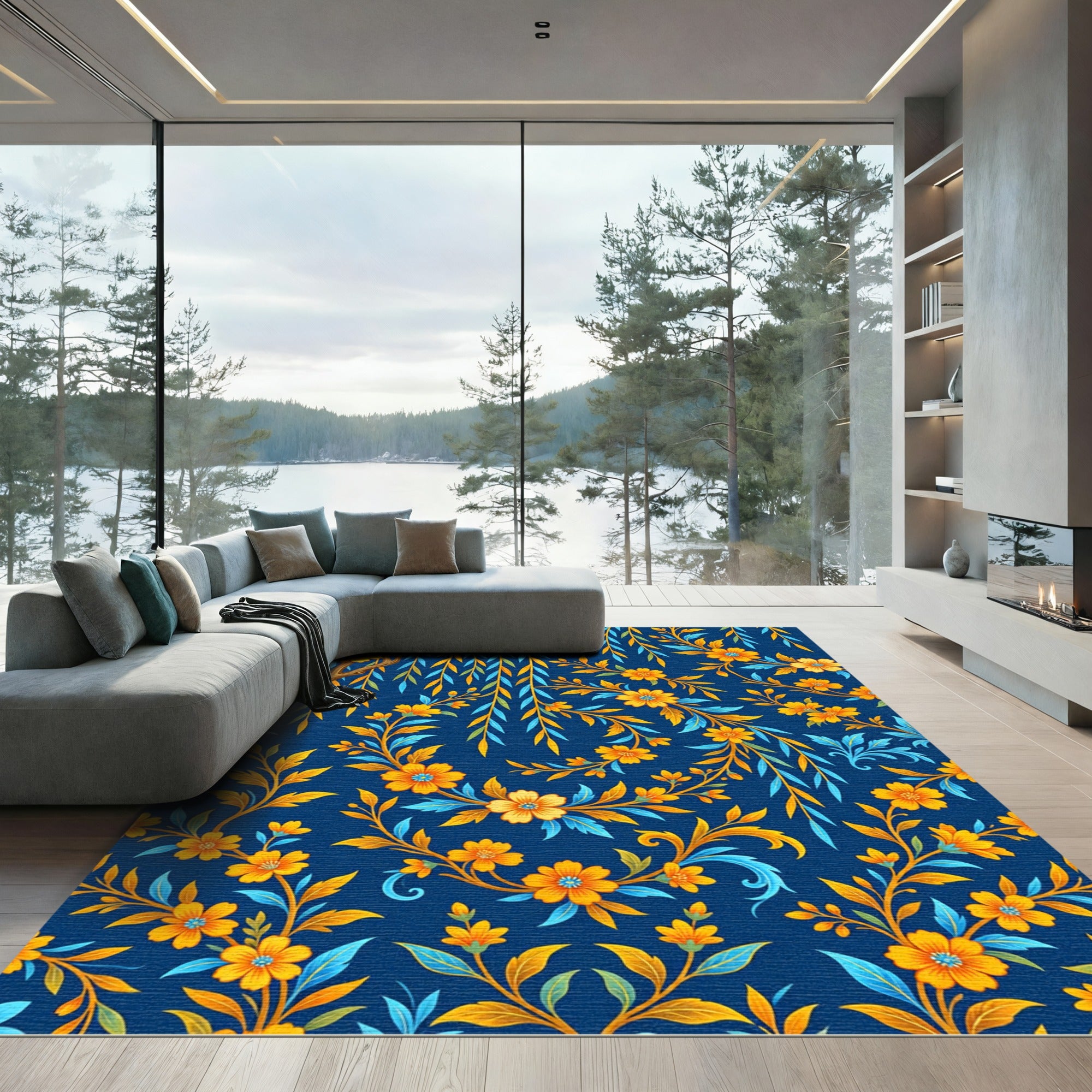 Botanical Willow Branch Golden Floral Navy Rug