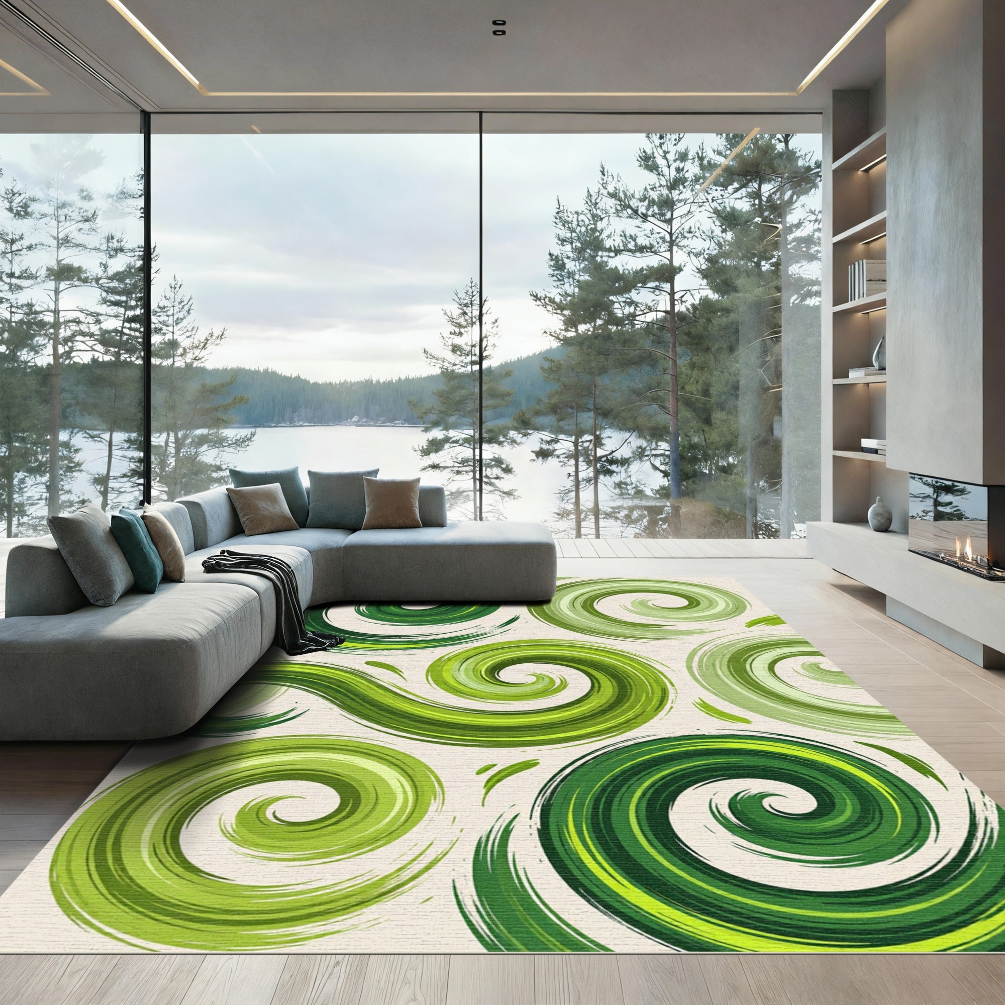 Vibrant Modern Green Swirling Abstract Art Rug
