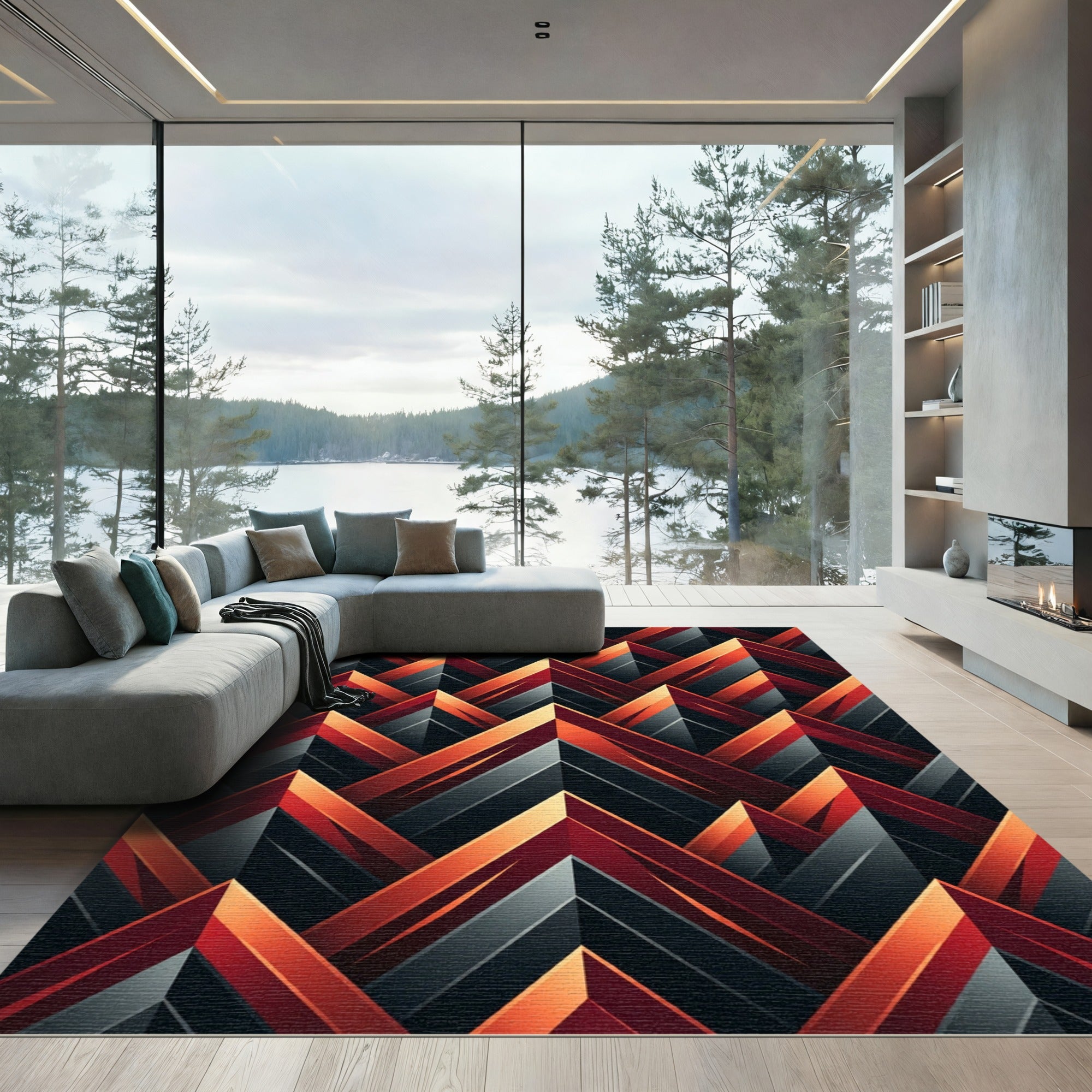 Red Orange Jagged Geometric Layered Rug