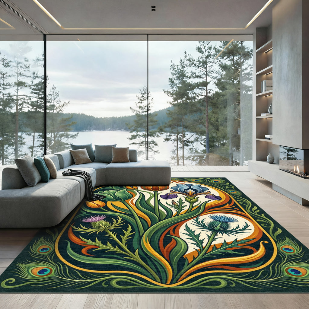 Emerald Peacock Floral Thistle Art Nouveau Rug