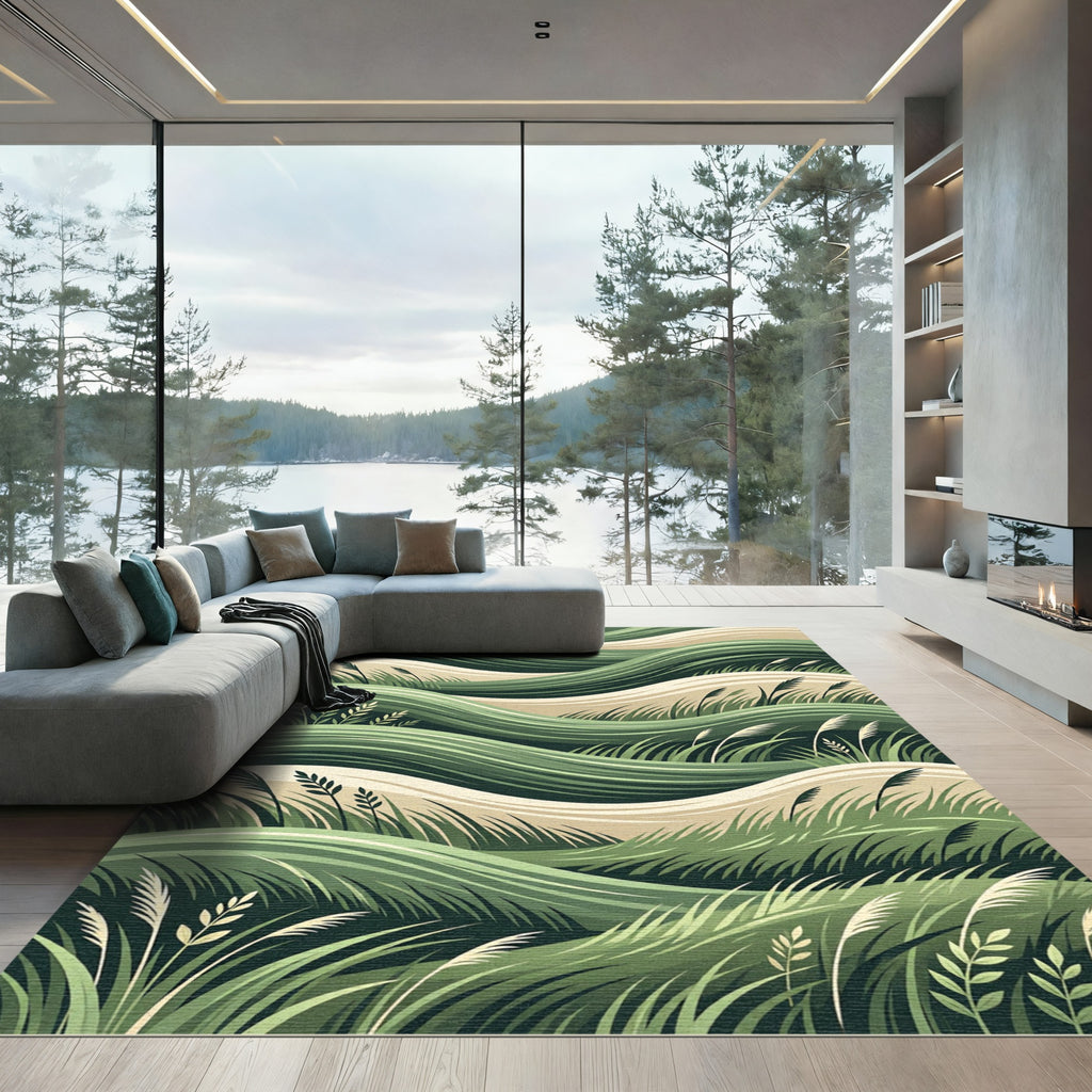 Earthy Green Wavy Grassland Field Rug