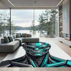 Futuristic Cybernetic Alien Portrait Teal Gray Rug