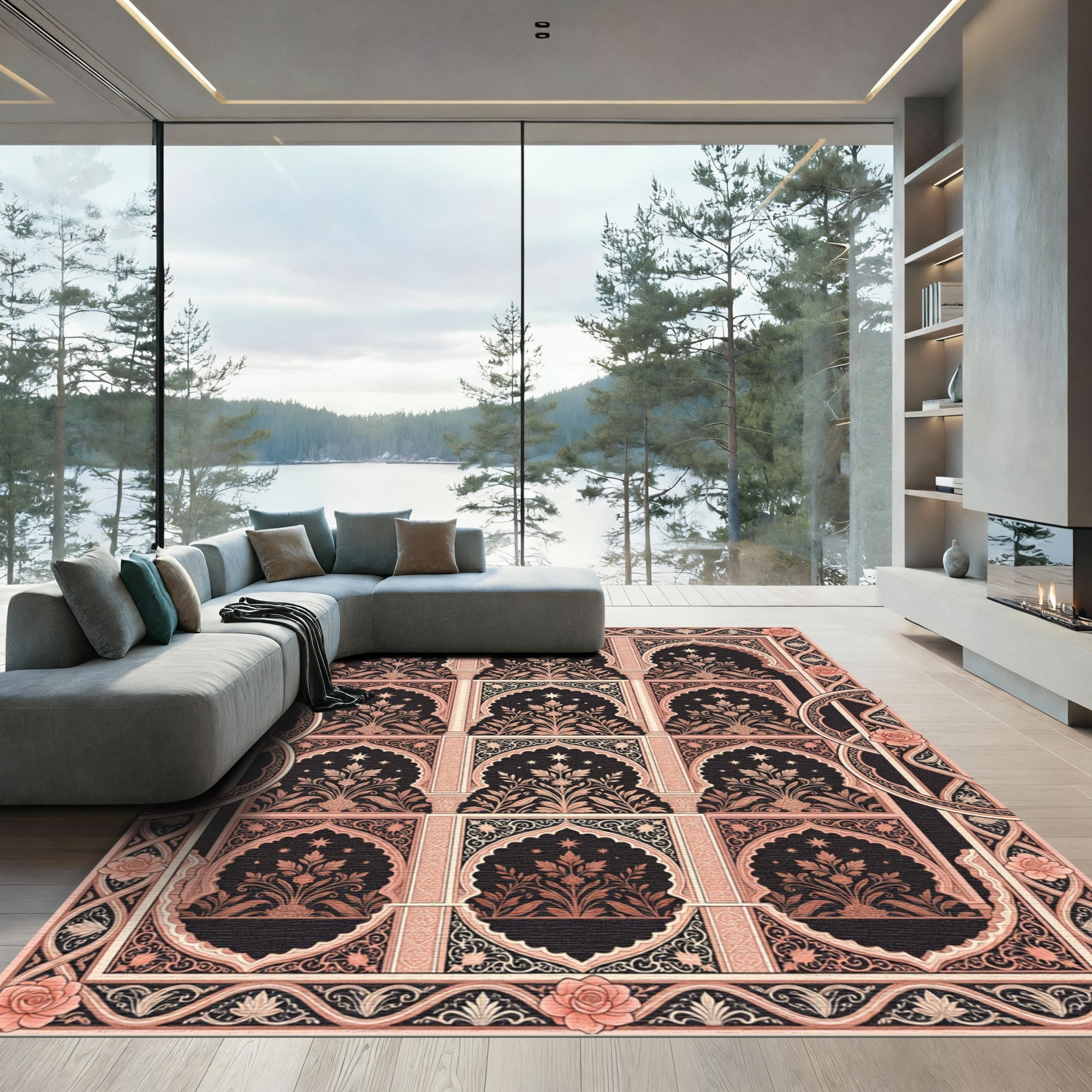 Blush Peach Ornate Arched Floral Tapestry Rug