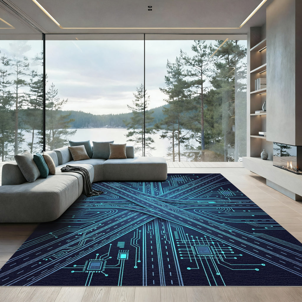 Neon Cyber Circuit Expressway Abstract Rug