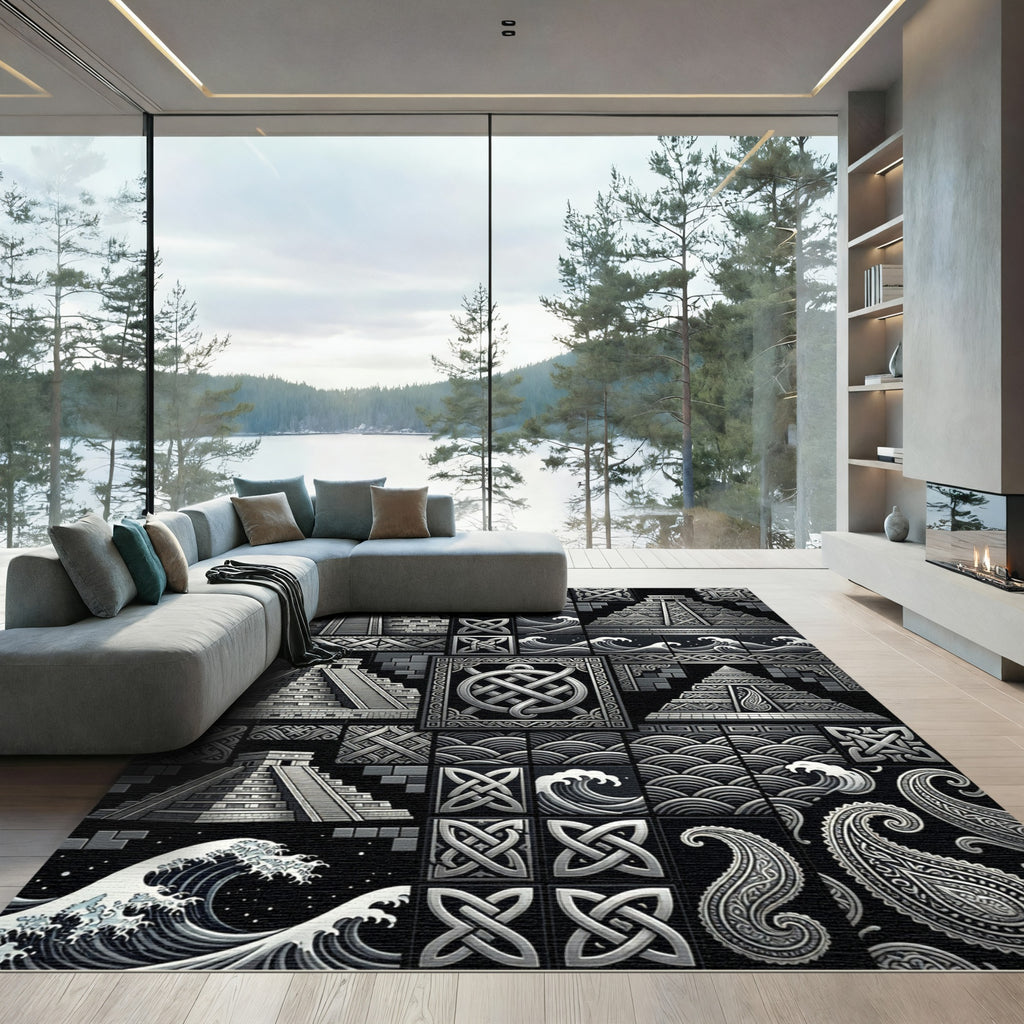 Monochromatic Black Geometric Mayan Waves Rug
