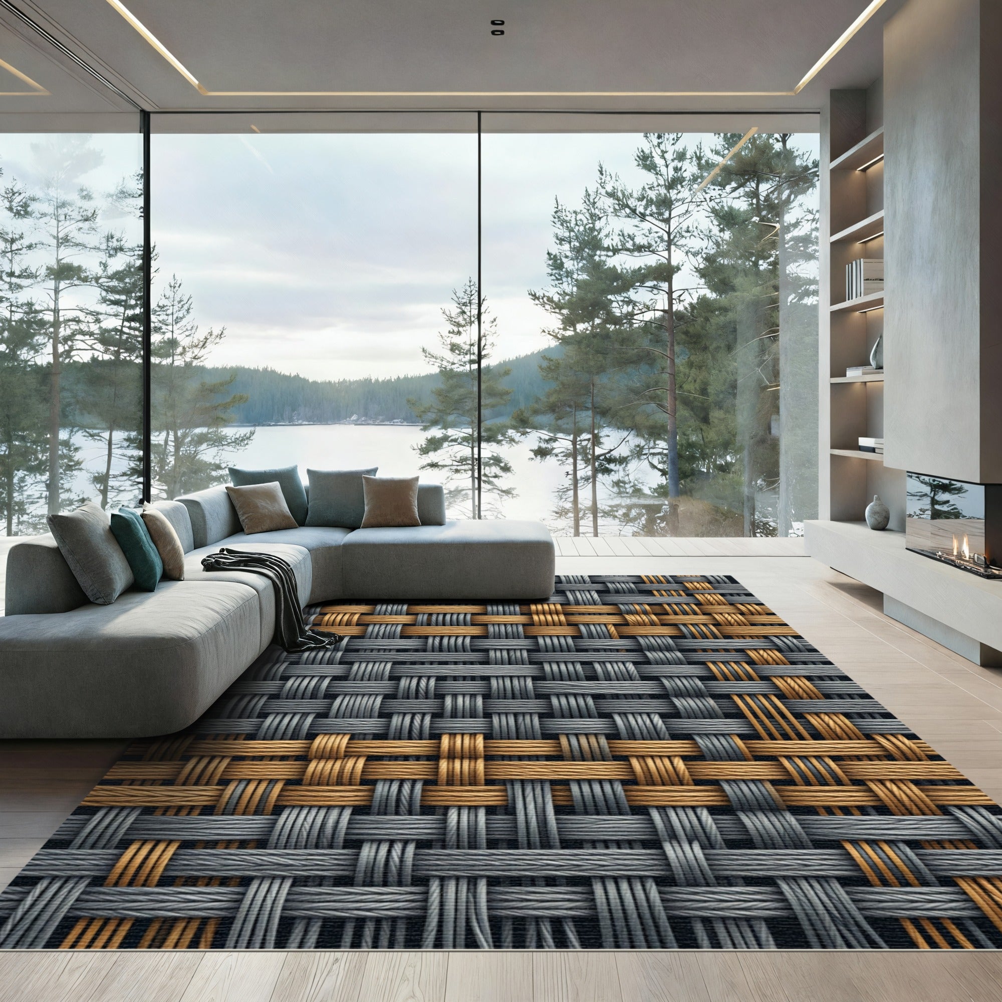 Textured Interwoven Gray and Gold Weave Rug