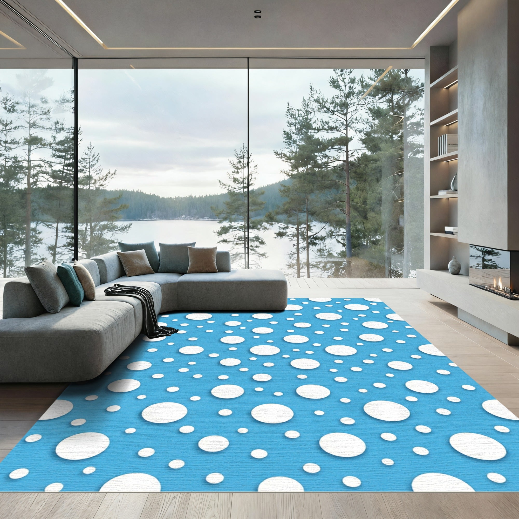 Bright Blue Scattered Circles Rug