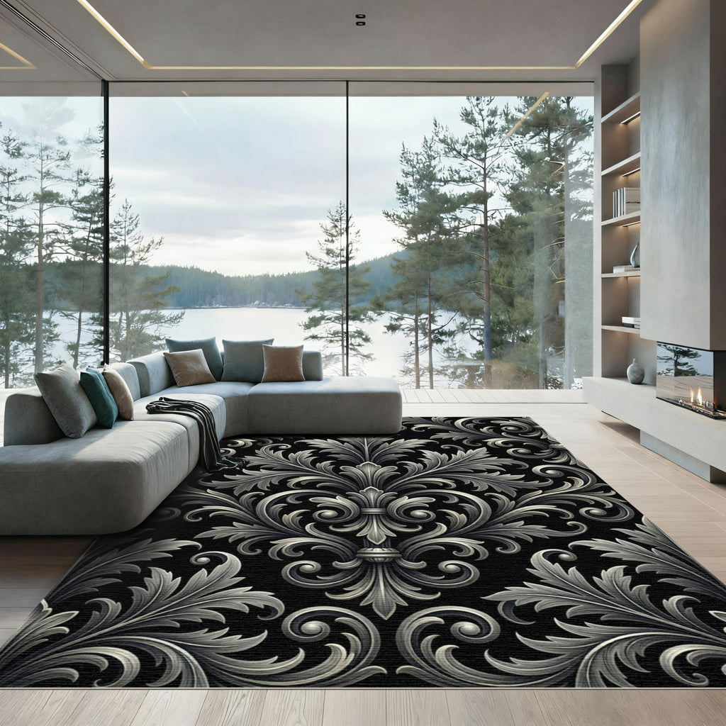 Ornate Silver Acanthus Leaf Scroll Rug