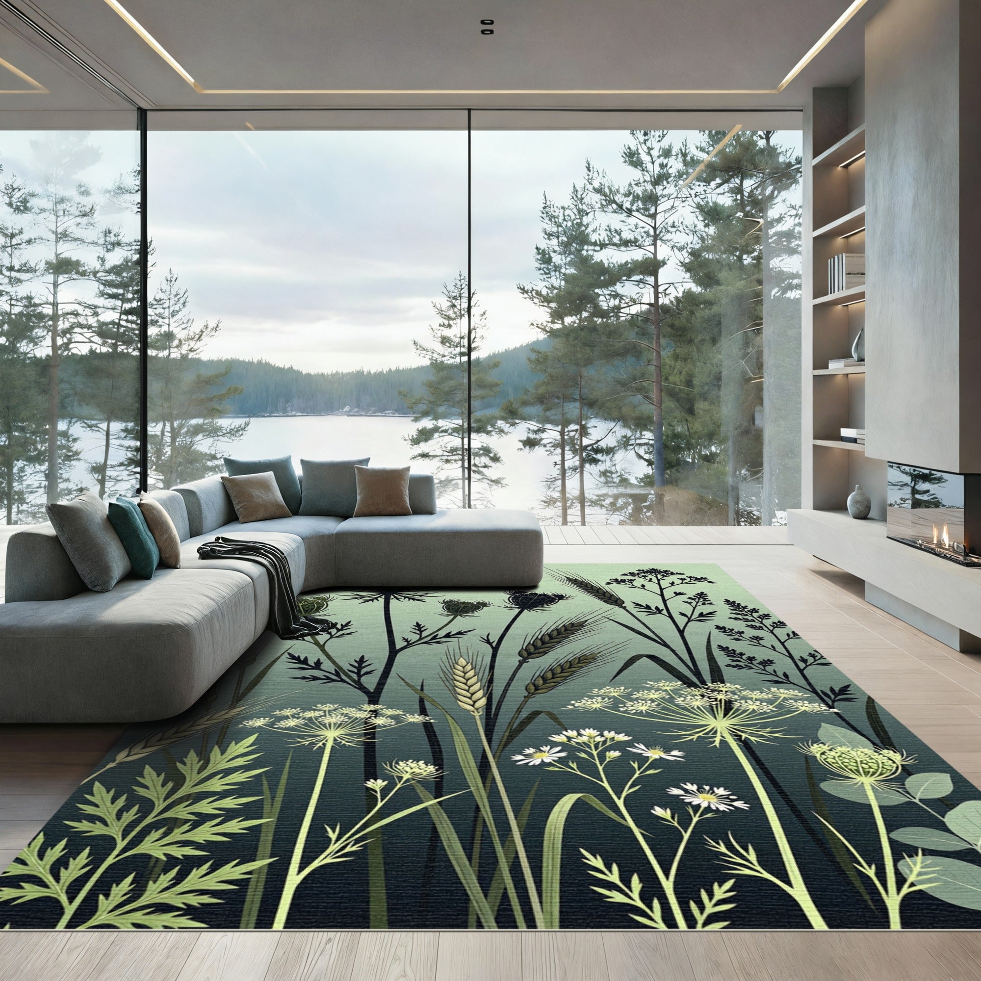 Earthy Green Meadow Wildflower Wheat Rug