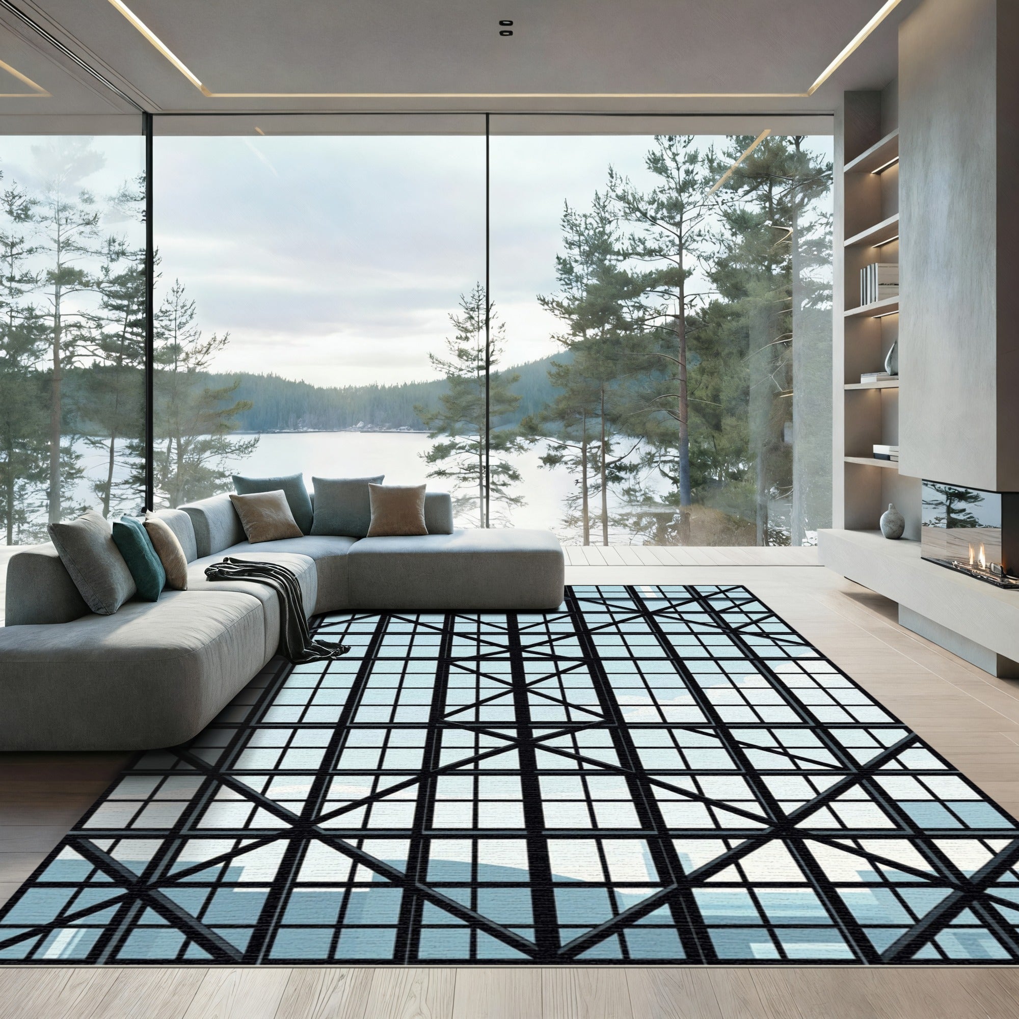 Architectural Sky Blue Structural Grid Rug