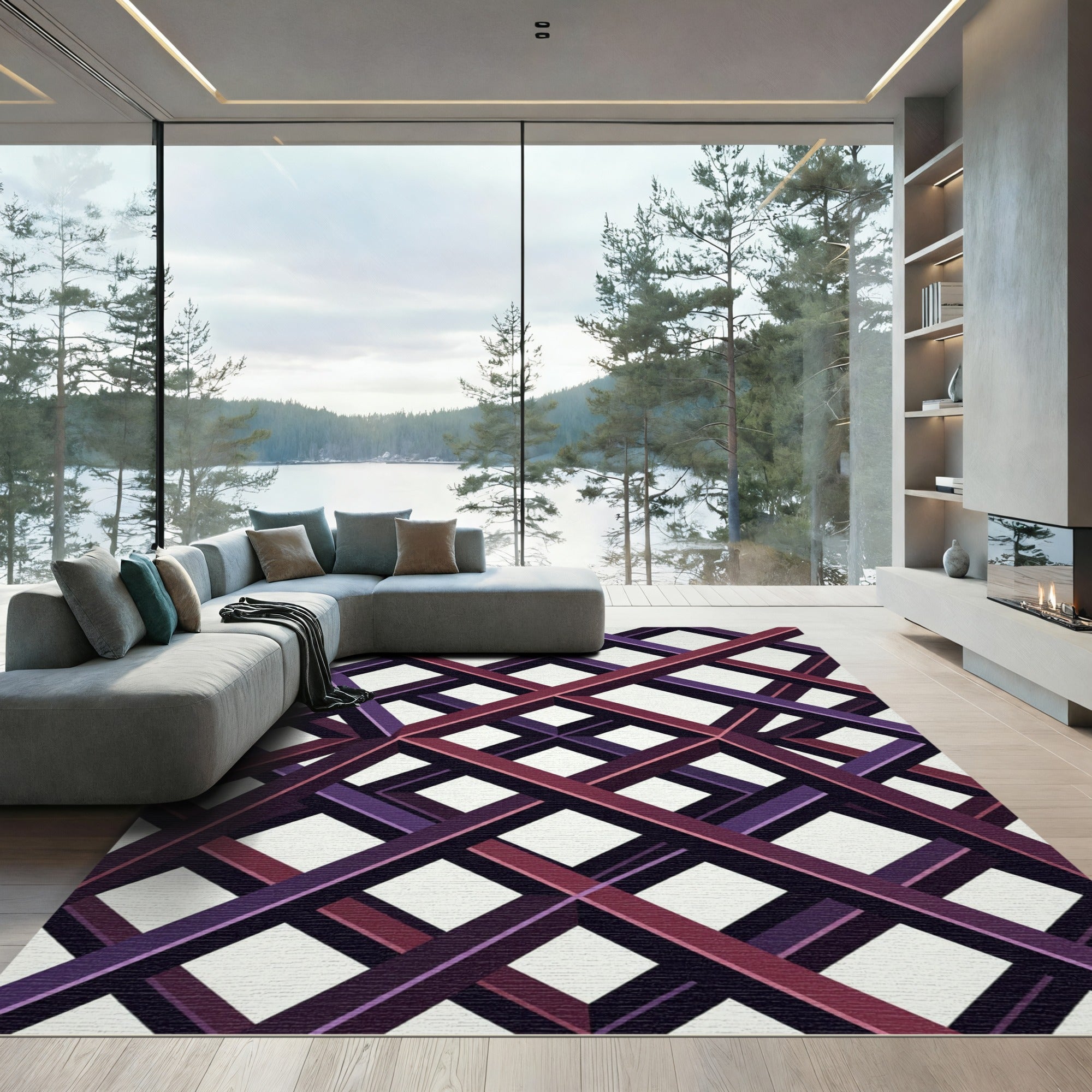 Geometric Lattice Illusion Crimson Violet Rug