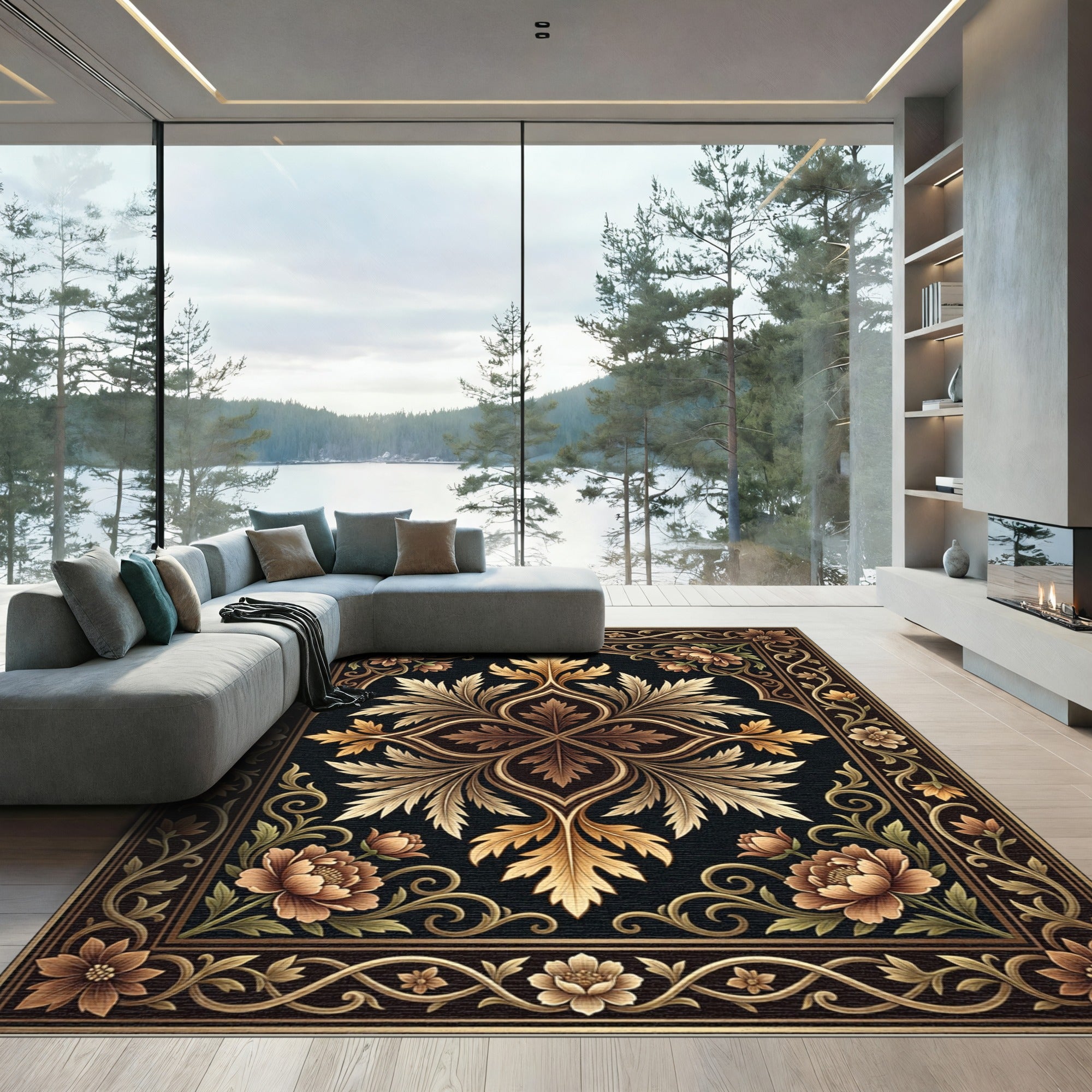 Ornate Gold Floral Symmetry Noir Rug