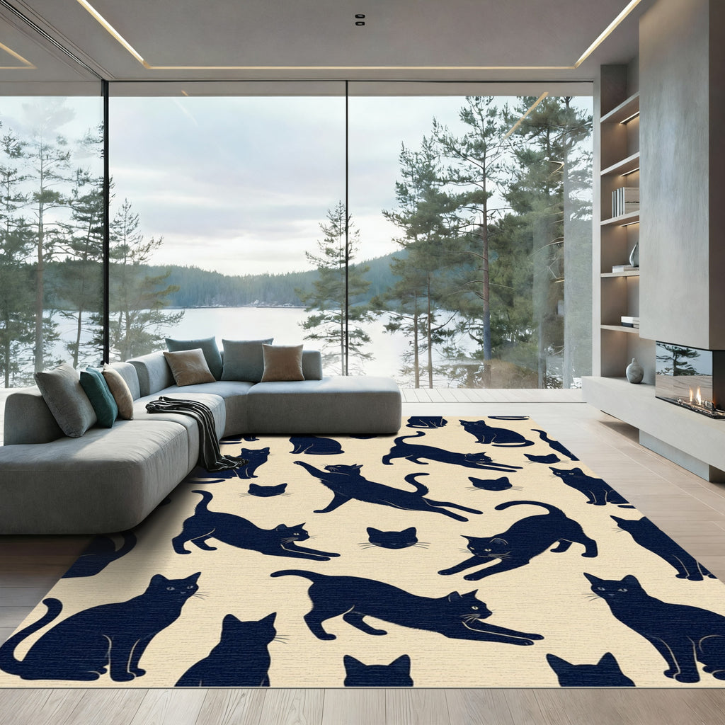 Whimsical Midnight Black Cat Illustration Rug