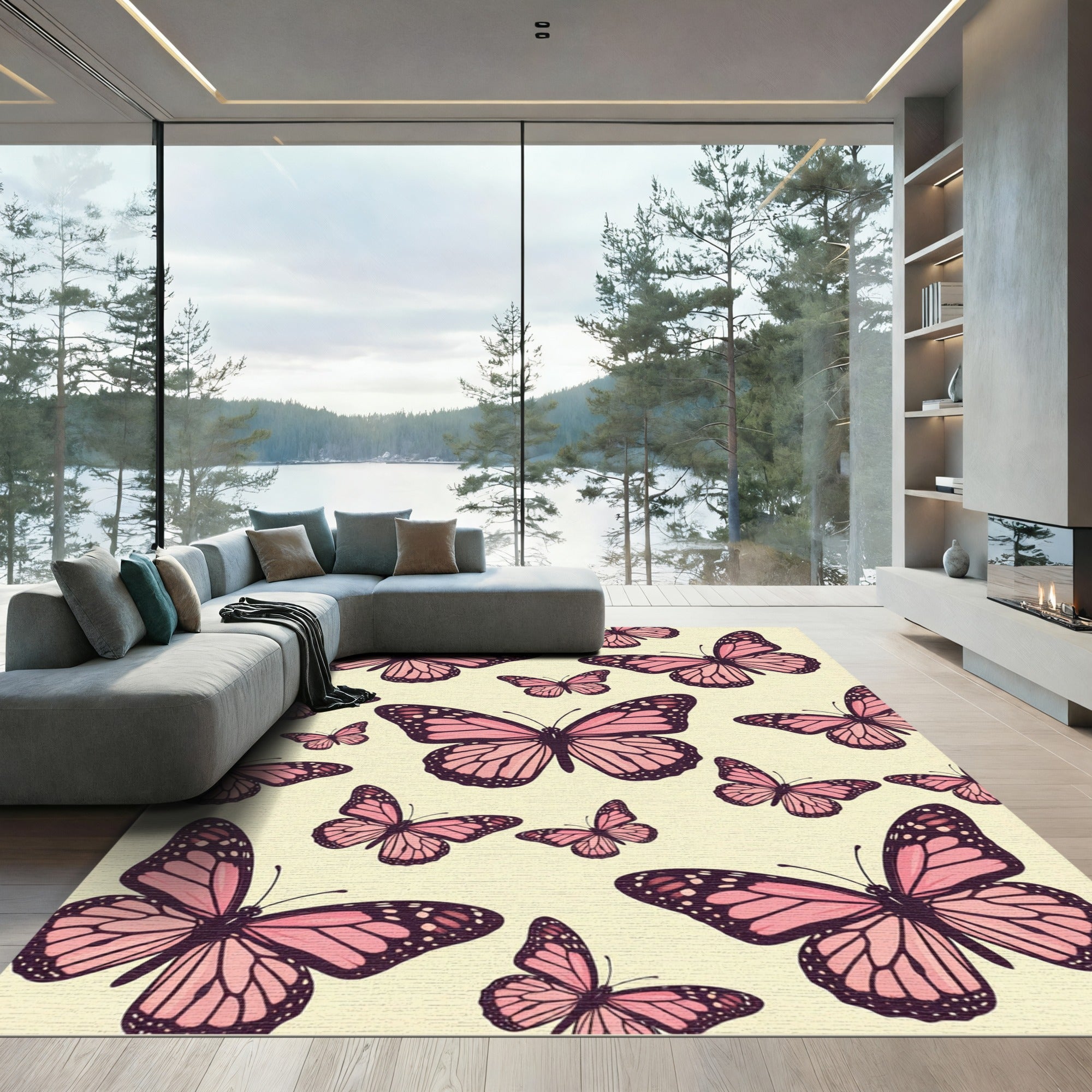 Pink Monarch Butterflies Scattered Composition Rug