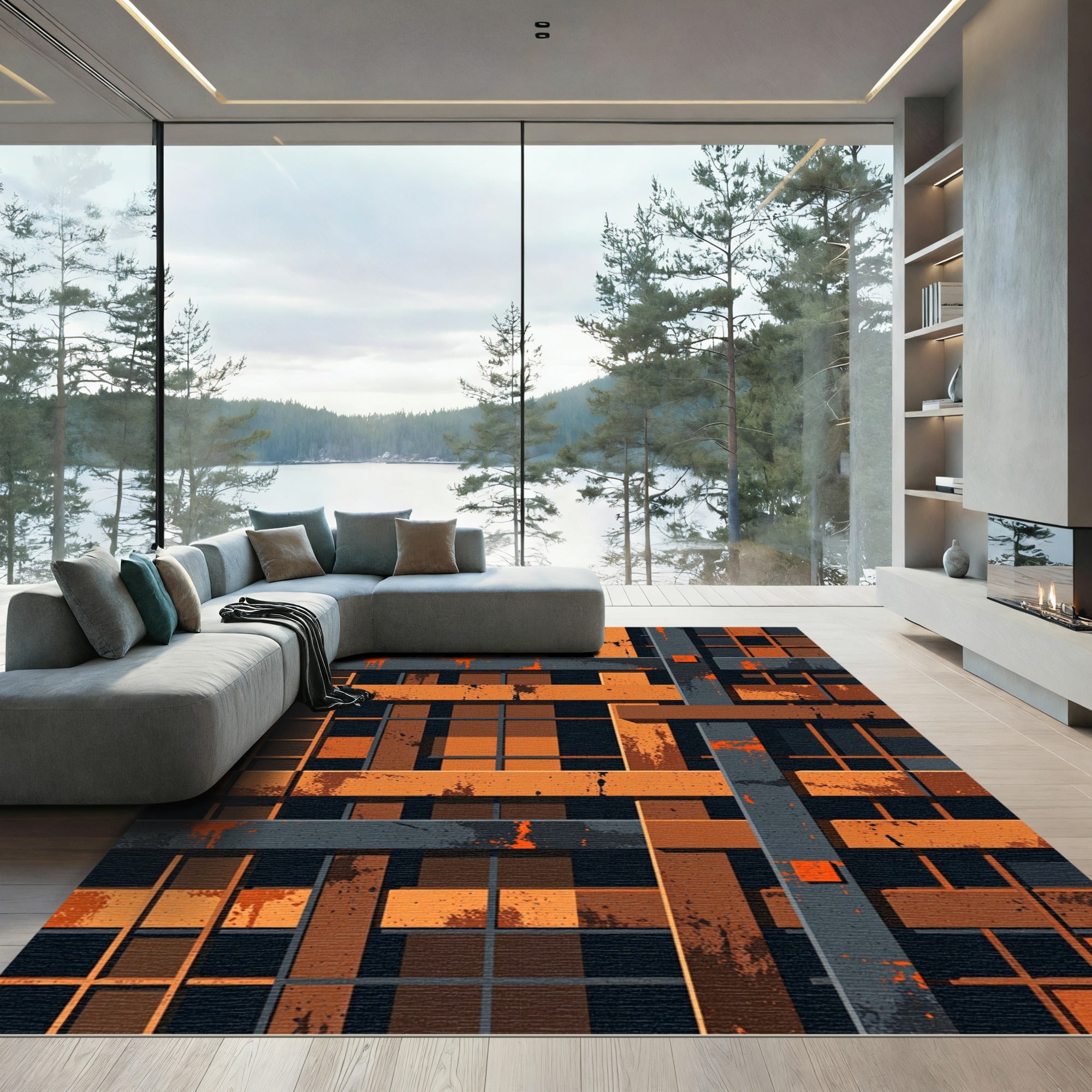 Orange Gray Geometric Grungy Lattice Rug