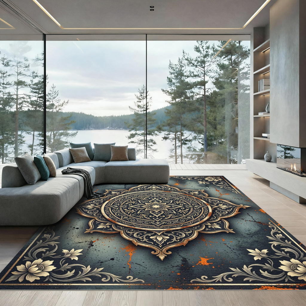 Golden Mandala Dark Slate Floral Medallion Rug