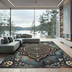 Golden Mandala Dark Slate Floral Medallion Rug