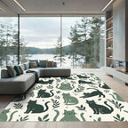 Whimsical Forest Green Botanical Cat Illustration Rug