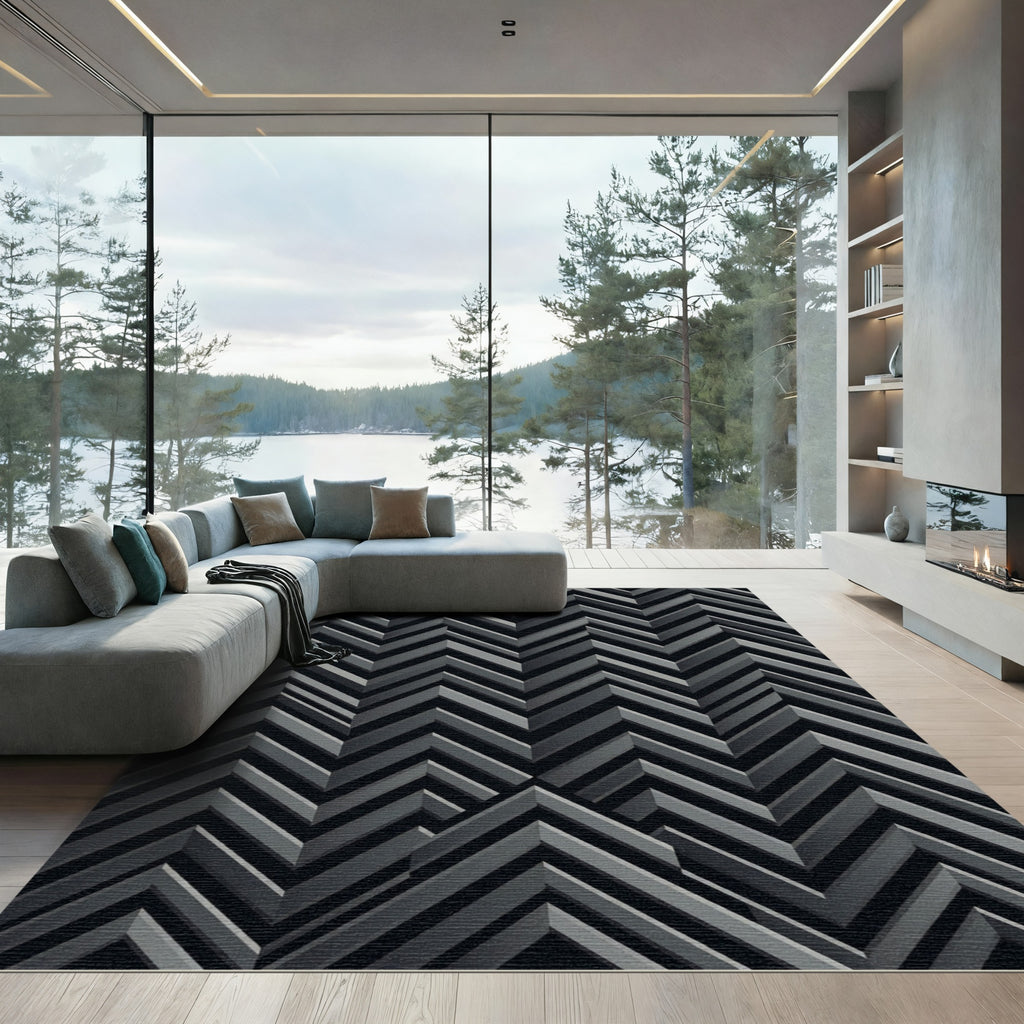 Monochrome Geometric Chevron Illusion Rug