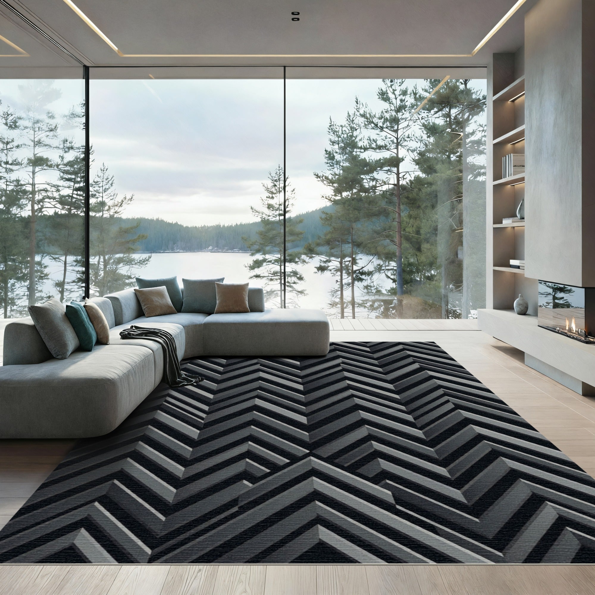 Monochrome Geometric Chevron Illusion Rug