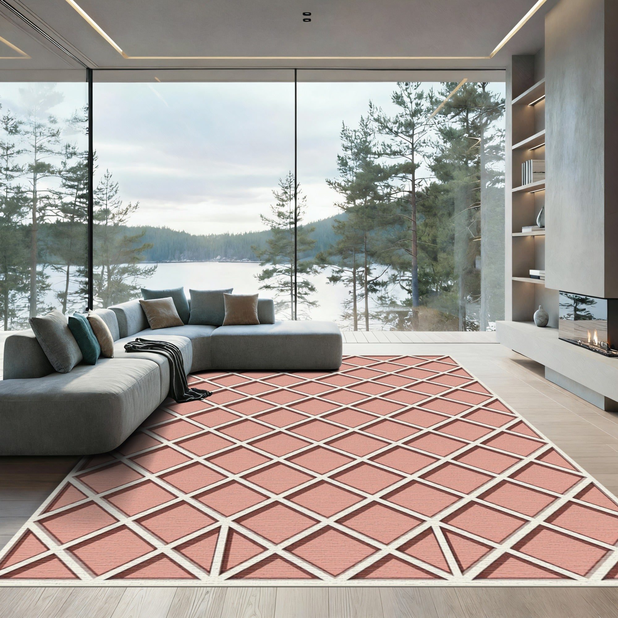 Blush Pink Intersecting Diamond Grid Rug