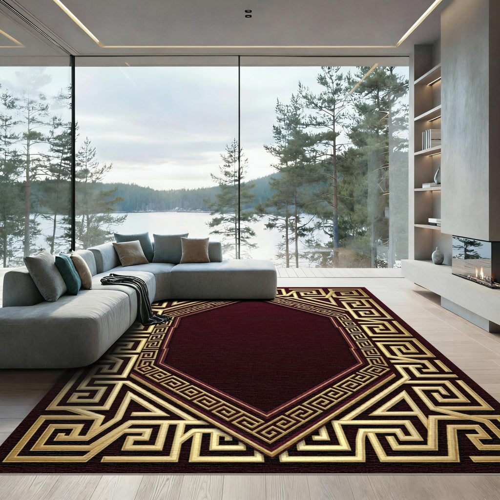 Golden Greek Key Octagon Border Rug
