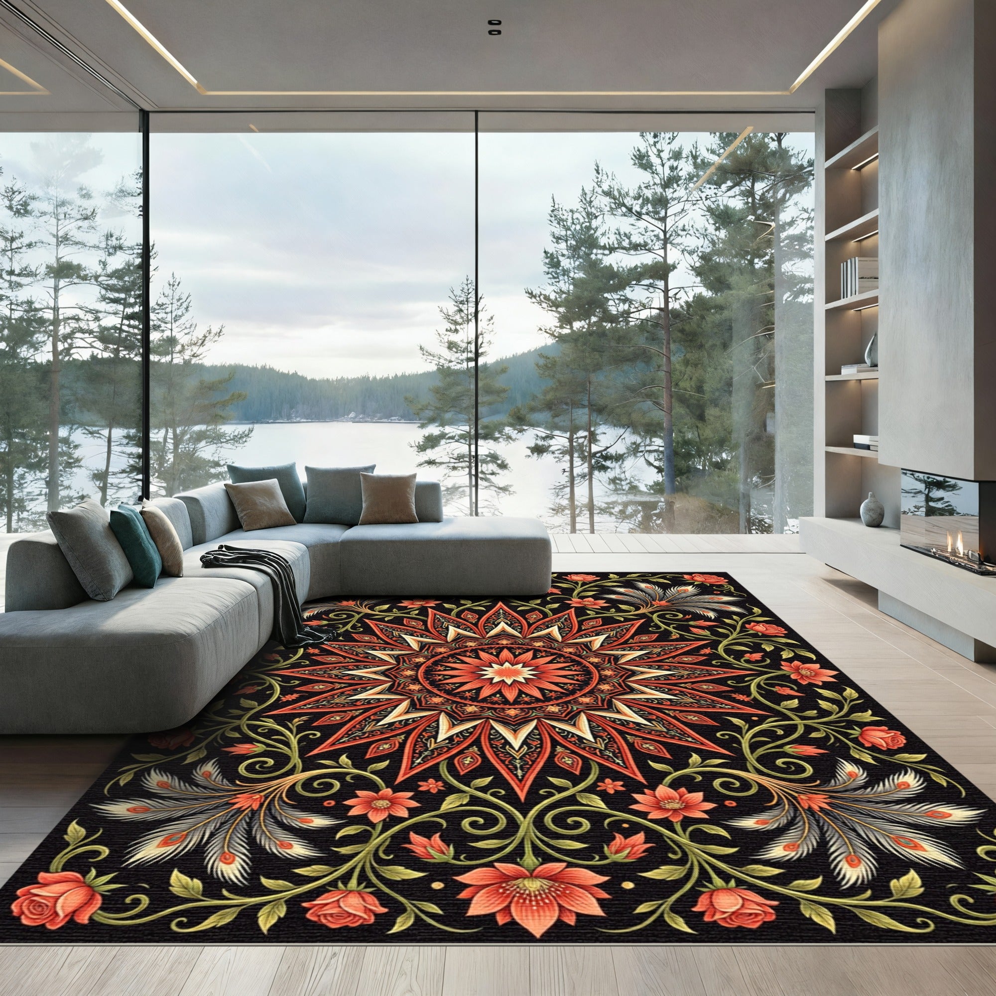 Radiant Coral Botanical Mandala Floral Rug