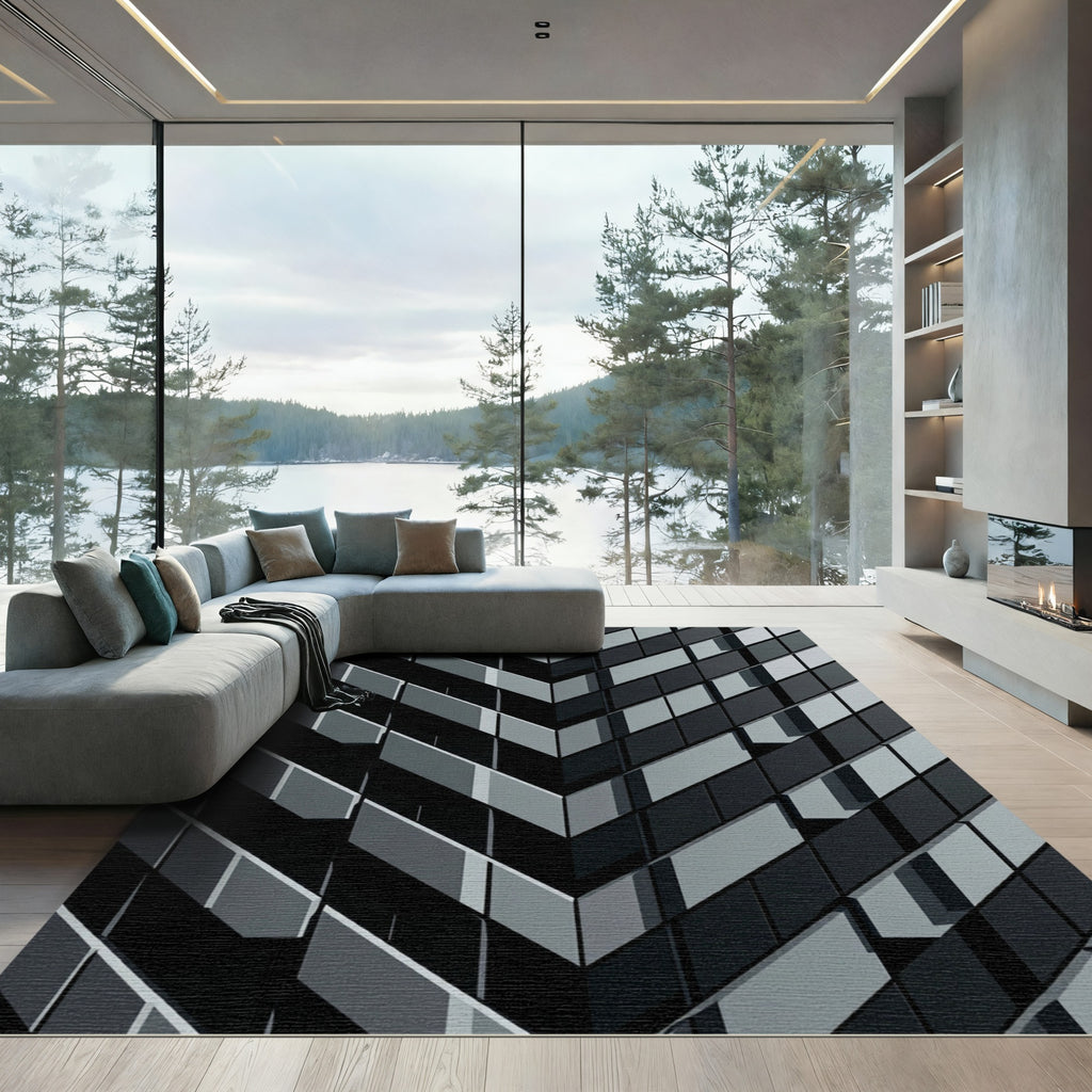 Modern Monochrome Chevron Geometric Art Rug