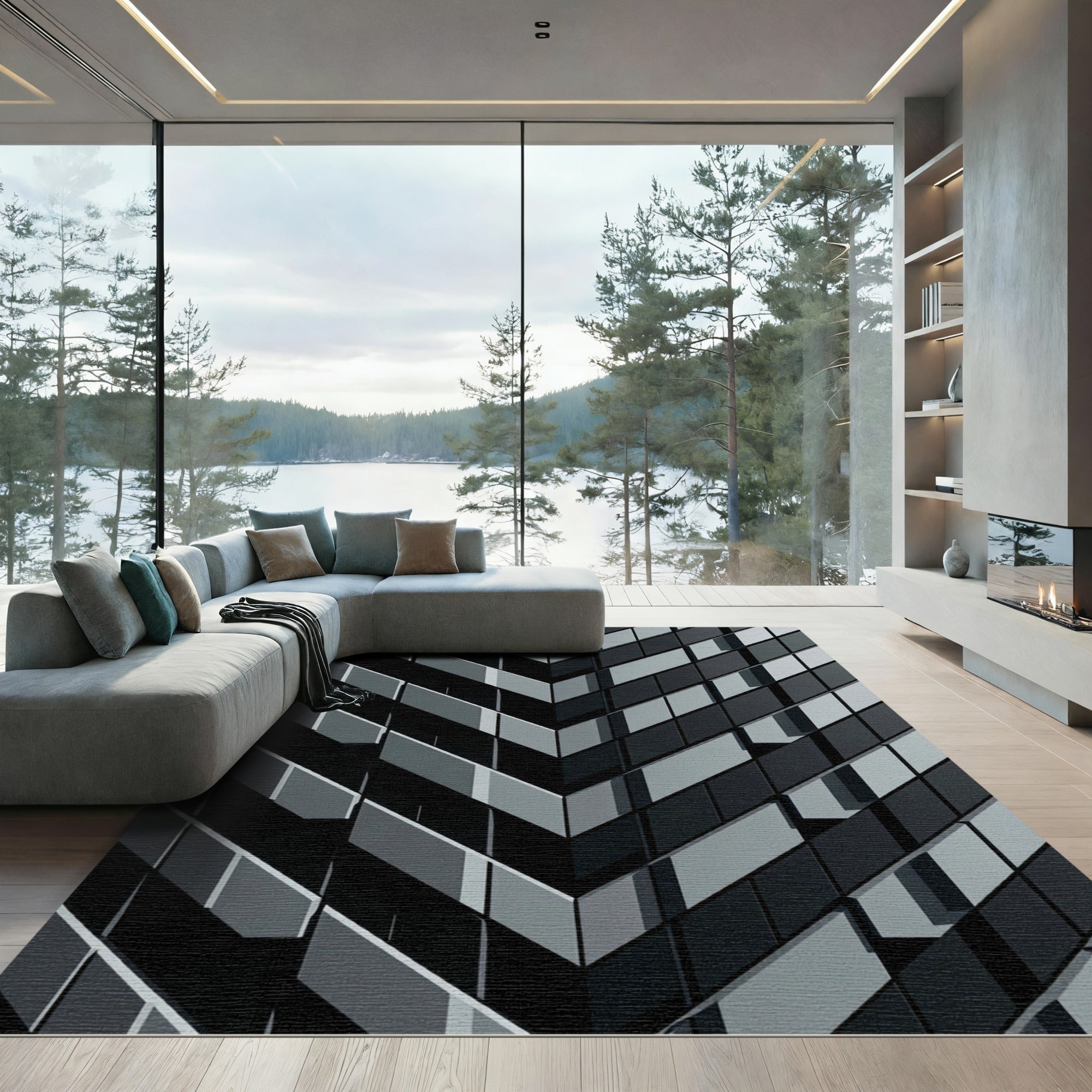 Modern Monochrome Chevron Geometric Art Rug