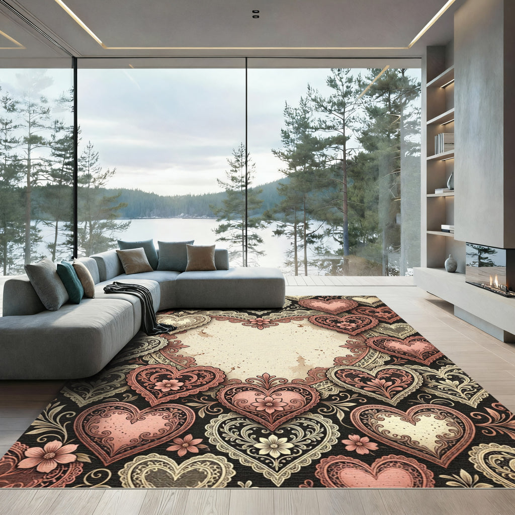 Vintage Rose Lace Heart Vignette Rug