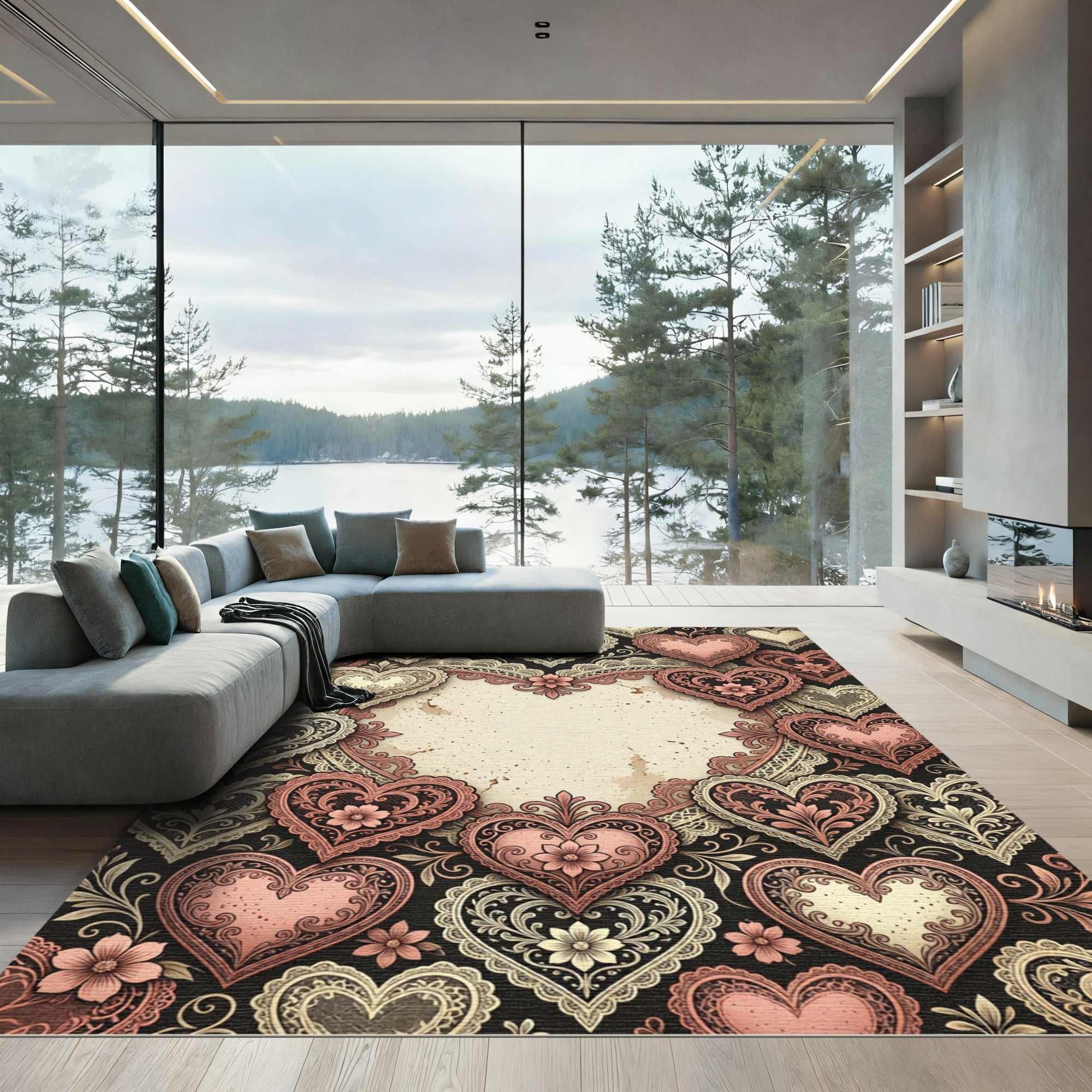 Vintage Rose Lace Heart Vignette Rug