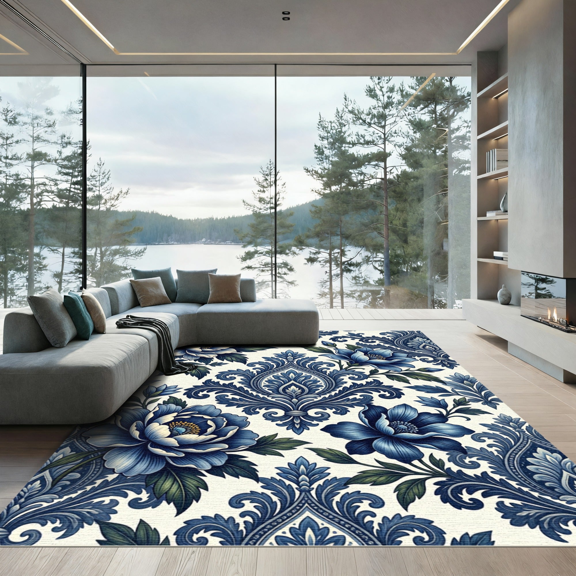 Indigo Blue Floral Damask Art Rug
