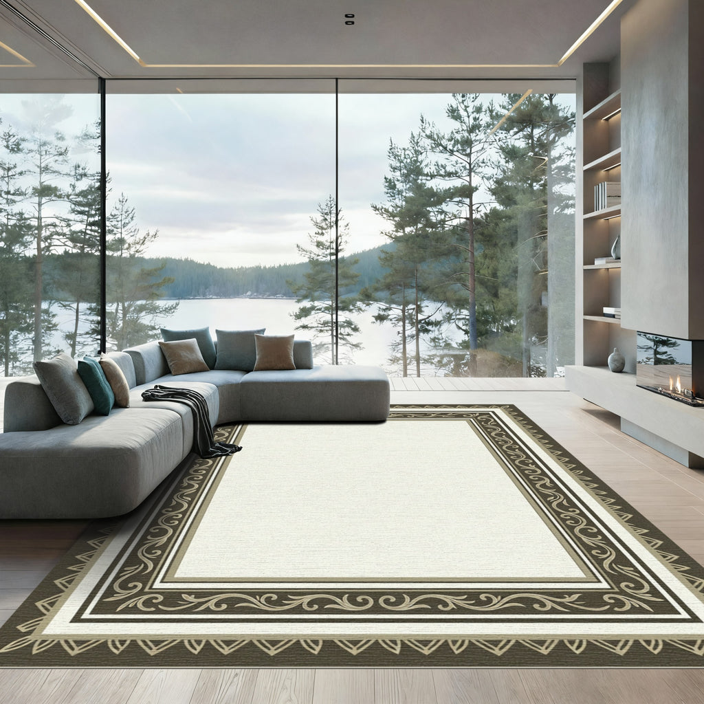 Classic Brown Cream Scroll Border Rug