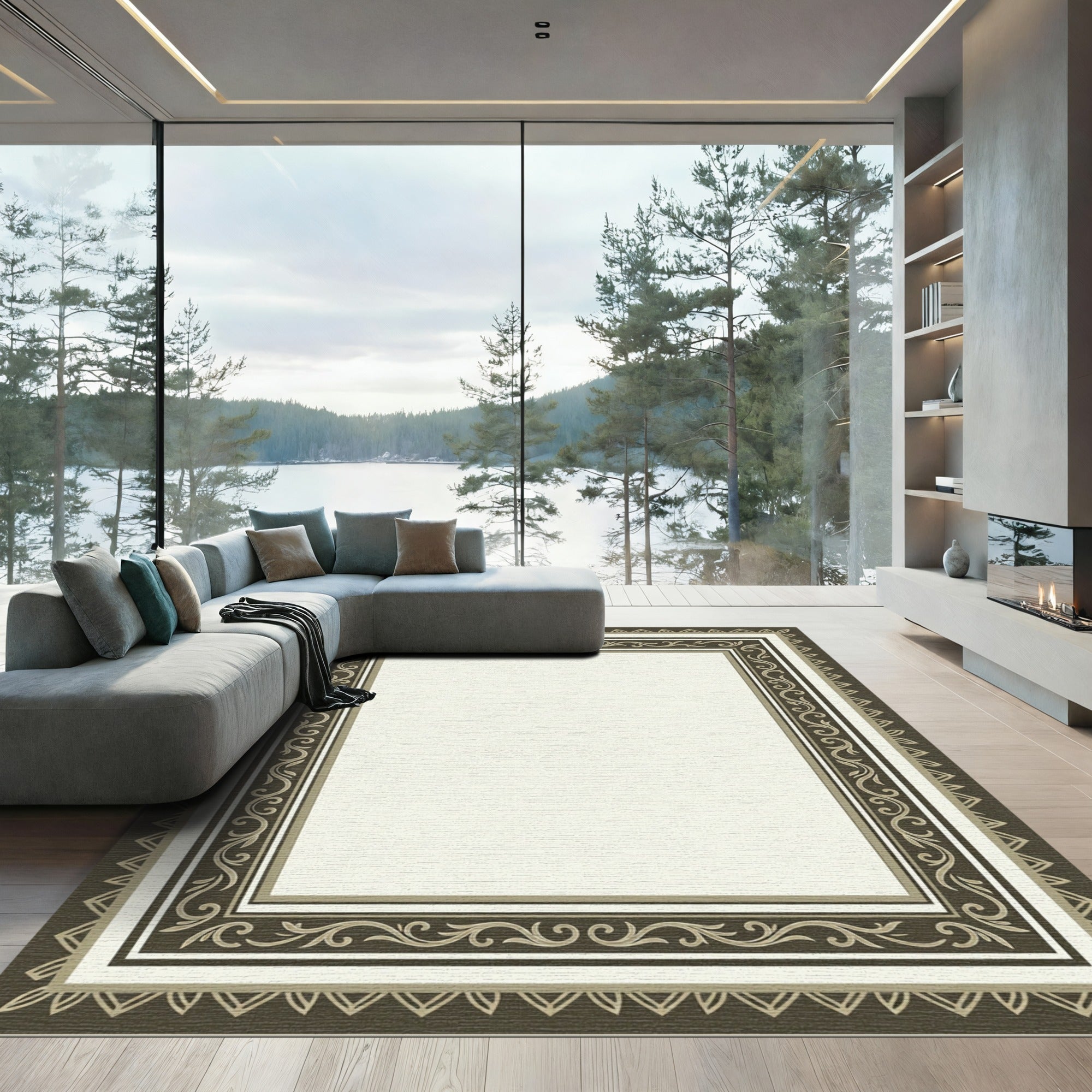 Classic Brown Cream Scroll Border Rug