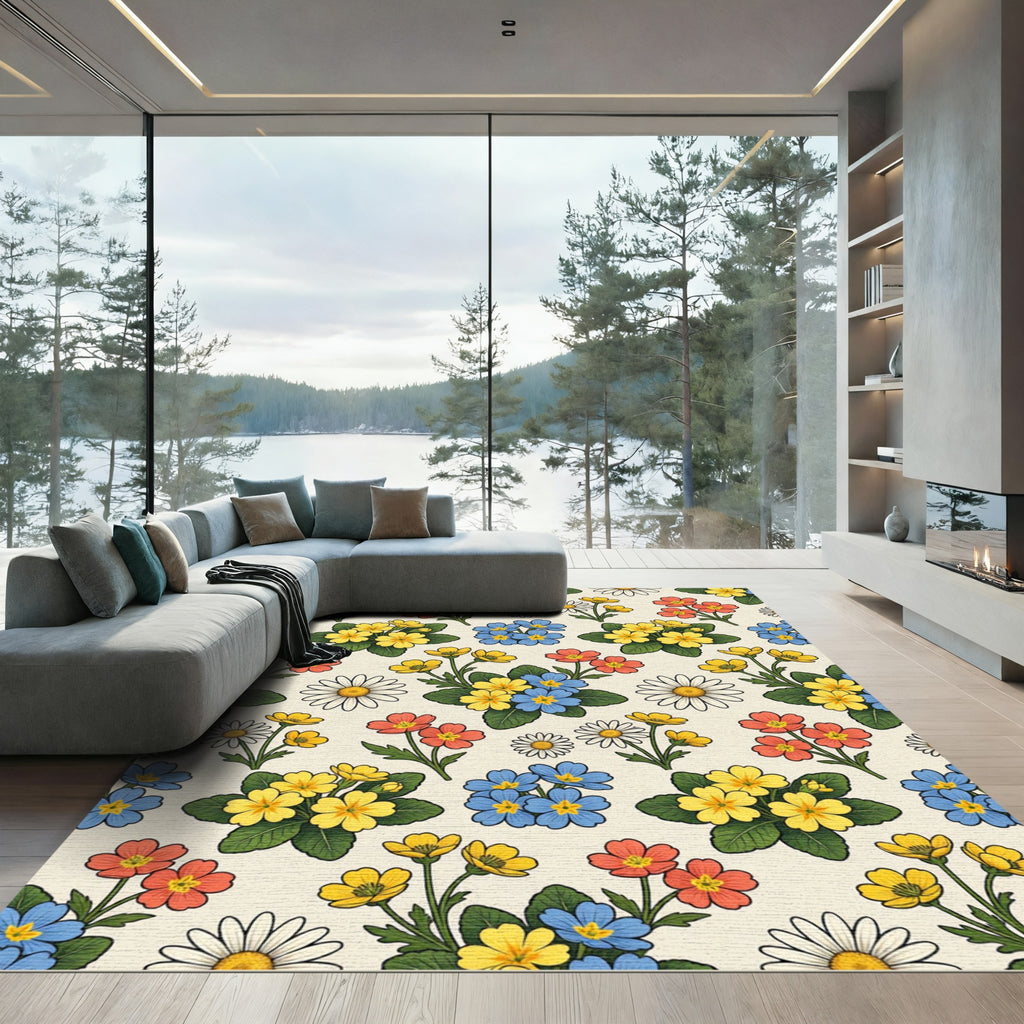 Yellow Blue Coral Daisy Meadow Rug