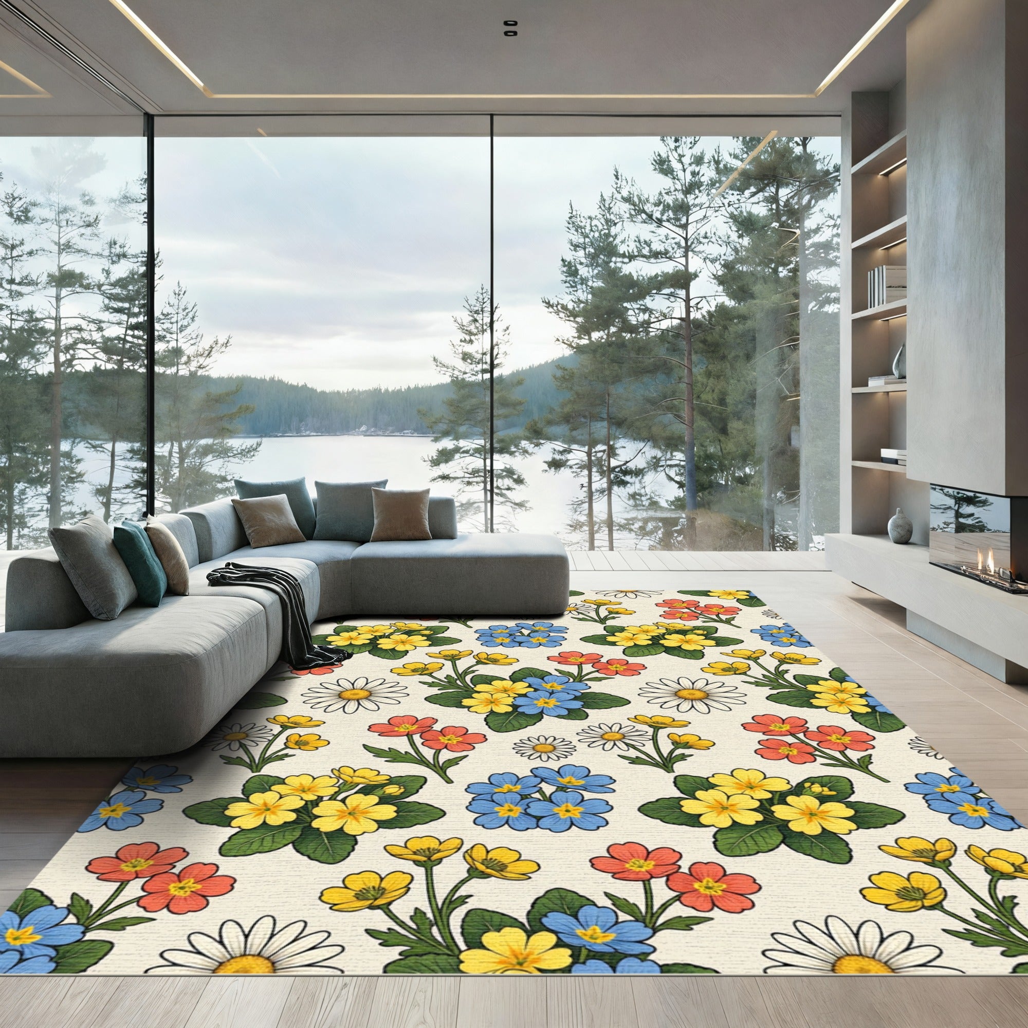 Yellow Blue Coral Daisy Meadow Rug