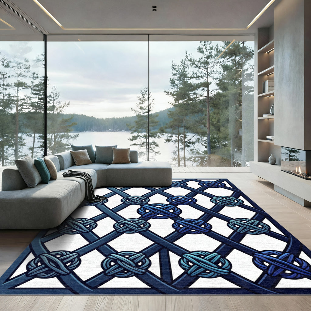Navy Blue Interwoven Knot Lattice Rug