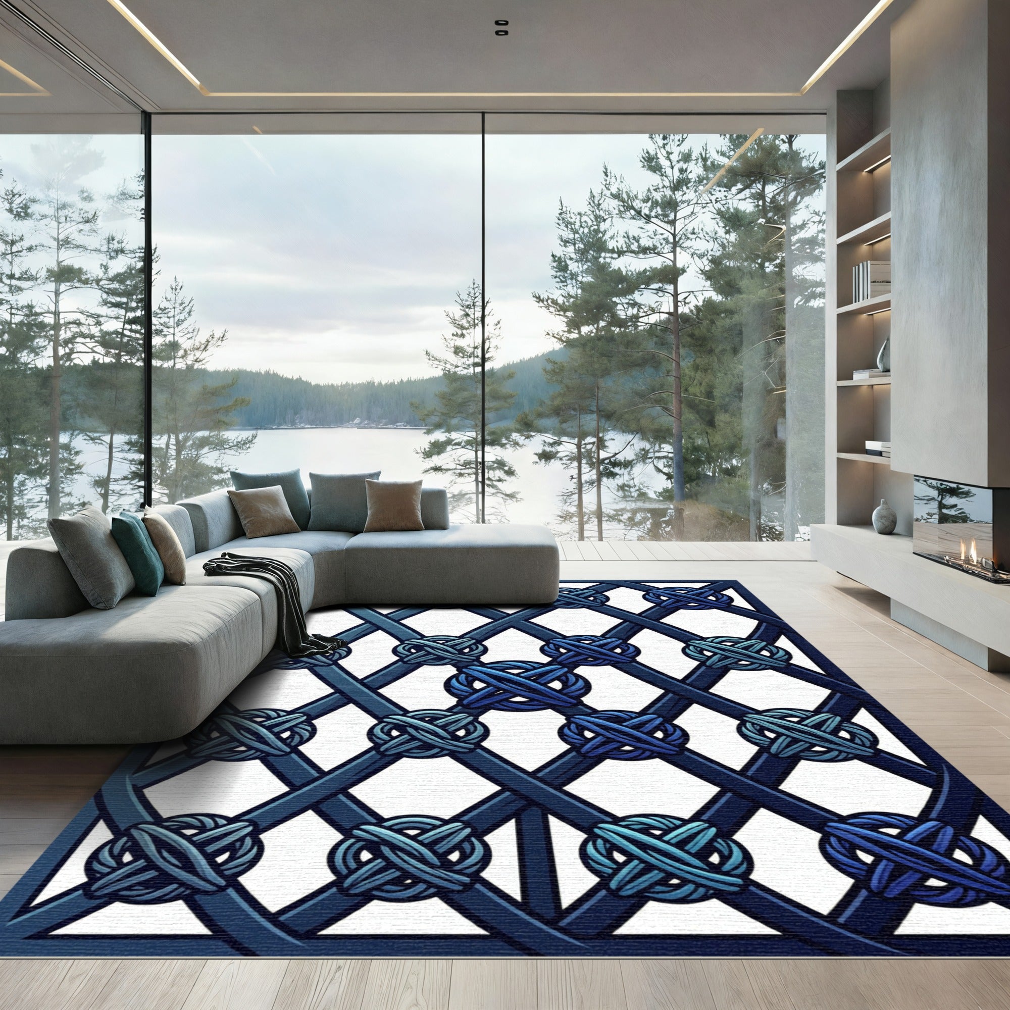 Navy Blue Interwoven Knot Lattice Rug