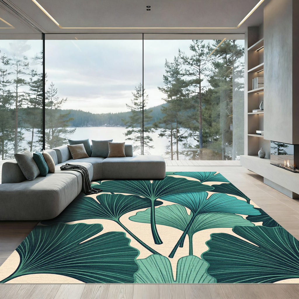 Teal Ginkgo Leaf Arrangement Rug